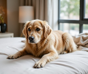 Okno, Łóżko, Pies, Golden retriever
