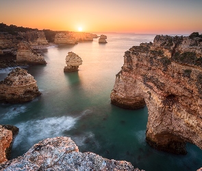 Portugalia, Region Algarve, Skały, Wybrzeże, WSchód słońca, Morze