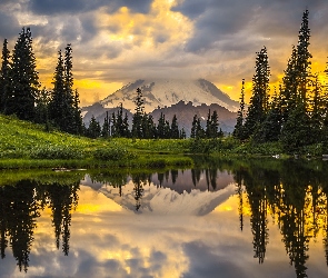 Stratowulkan Mount Rainier, Waszyngton, Zachód słońca, Tipsoo Lake, Drzewa, Jezioro, Odbicie, Stany Zjednoczone