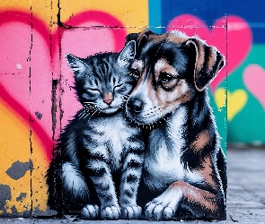 Grafika, Mural, Kot, AI, Serce, Street Art, Pies