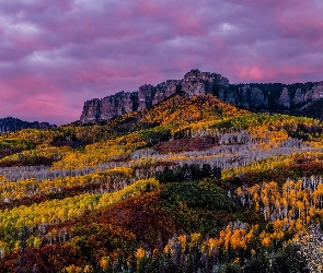 Stany Zjednoczone, Las, Skały, Niebo, Drzewa, Góry, Kolorado, San Juan Mountains, Jesień