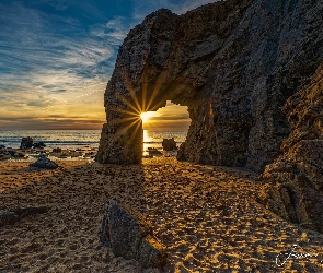 Bretania, Łuk skalny, Francja, Skała, Zachód słońca, Morze, Plaża, Arche de Port Blanc