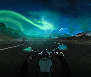 Droga, Zorza polarna, Góry, Motocykle, Grafika