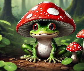 Grzyby, Muchomory, Żaba, Grafika, Zielone, Listki