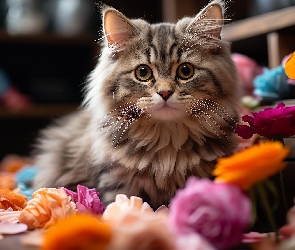 Kwiaty, Kolorowe, Puszysty, Kot