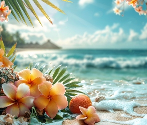 Plaża, Plumeria, Morze, Kwiaty, Ananas, Palmy, Pomarańcze, Owoce