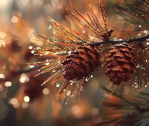 Grafika AI, Bokeh, Sosna, Szyszki, Krople, Deszczu