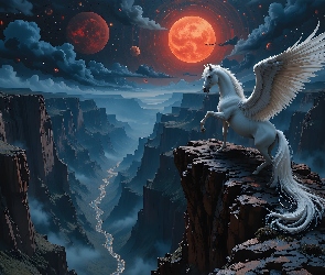 Kanion, Księżyc, Biały, Fantasy, Skrzydła, Koń, Pegaz