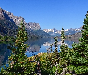 Montana, Sierra Nevada Mountains, Stany Zjednoczone, Góry, St Mary Lake, Park Narodowy Glacier, Drzewa, Jezioro