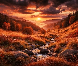 Góry, Jesień, Grafika AI, Potok, Trawy, Zachód słońca, Chmury, Drzewa
