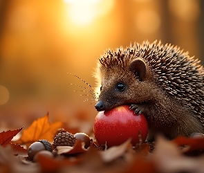 Grafika AI, Żołędzie, Jabłko, Jeż, Suche, Liście