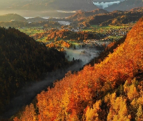 Jesień, Mgła, Wąwóz Vintgar, Słowenia, Lasy, Gorje, Góry, Miasteczka, Bled