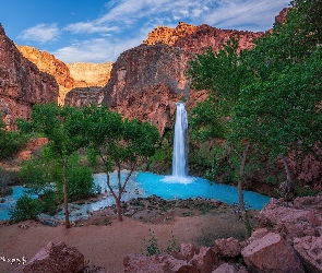 Arizona, Stany Zjednoczone, Wodospad, Góry, Kanion, Skały, Havasu Falls, Drzewa, Park Narodowy Wielkiego Kanionu, Rzeka, Havasu Creek
