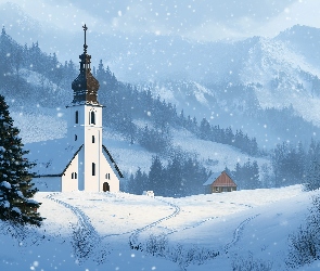 Biały, Góry, Choinka, Kościół, Zima