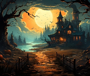 Drzewa, Droga, Noc, Dynie, Zamek, Halloween, Księżyc