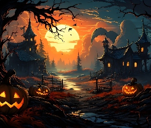 Halloween, Droga, Grafika, Księżyc, Domy, Noc, Drzewa, Dynie