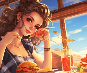 Hamburger, Drink, Sukienka, Dziewczyna, Lunch, Pomarańczowy