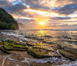 Kauai, Chmury, Brzeg, Hawaje, Wschód słońca, Morze, Góry