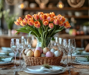 Pisanki, Koszyczek, Stół, Kieliszki, Tulipany, Wielkanoc, Wielkanocny
