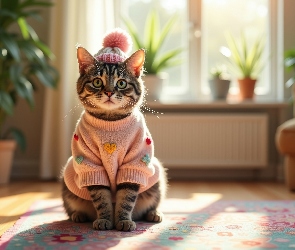 Kot, Grafika AI, Sweter, Czapka, Bury