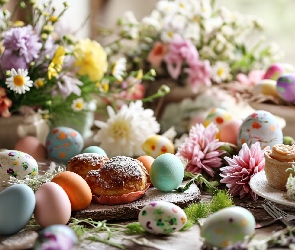 Kwiaty, Babeczki, Stół, Grafika, Pisanki, Wielkanoc, Kolorowe