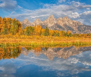 Stany Zjednoczone, Chmury, Jesień, Stan Wyoming, Snake River, Rzeka, Góry, Teton Range, Park Narodowy Grand Teton, Drzewa