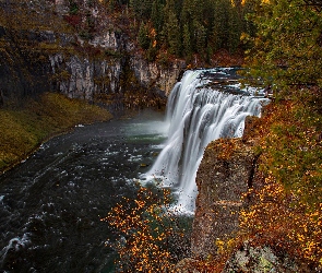 Jesień, Idaho, Skały, Stany Zjednoczone, Rzeka, Drzewa, Wodospad, Upper Mesa Falls, Las