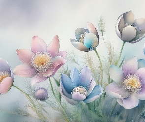 Grafika, Kwiaty, Kolorowe, Sasanki