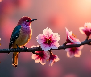 Ptak, Grafika, Kwiaty, Różowe, Kolorowy