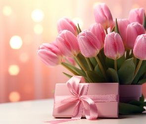 Tło, Prezent, Tulipany, Kwiaty, Różowe, Pudełko