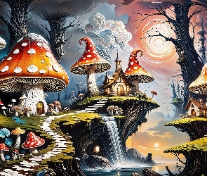 Las, Wodospad, Fantasy, Drzewa, Ścieżka, Grzyby, Fantasy, Chmury