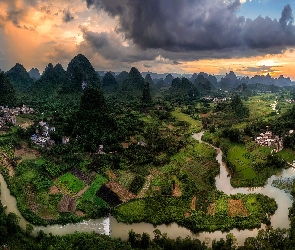Mao er Shan, Chmury, Li River, Góry, Prefektura Guilin, Region Kuangsi, Pola, Rzeka, Chiny, Gui Jiang