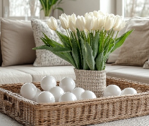 Kompozycja, Kulki, Tulipany, Białe, Wazon, Koszyczek