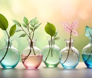 Grafika, Liście, Szklane, Kolorowe, Wazoniki, Rośliny