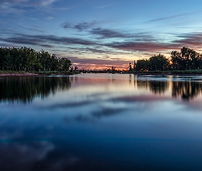 Kolorado, Park stanowy Chatfield, Jezioro, Stany Zjednoczone, Drzewa, Poranek, Lake Chatfield