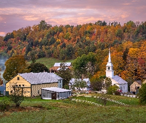 Wioska, Vermont, Drzewa, Stany Zjednoczone, Jesień, Las, East Cornith, Domy, Kościół
