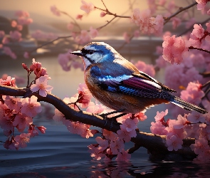 Ukwiecone, Woda, Drzewo owocowe, Gałęzie, Ptak