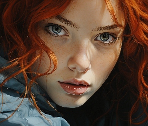 Dziewczyna, Grafika, Spojrzenie, Piegi, Rudowłosa
