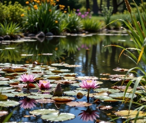 Trzciny, Grafika, Kwiaty, Lilia wodna, Staw