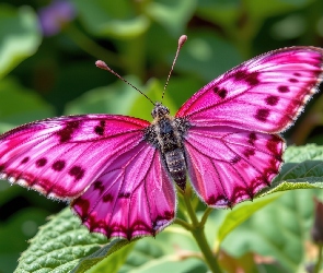Grafika, Liście, Różowy, Motyl
