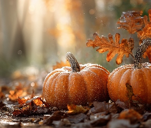 Dynie, Grafika AI, Liście, Jesienne, Dwie