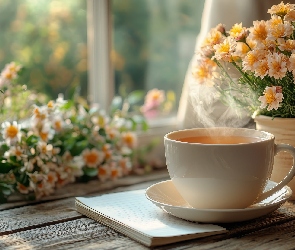 Deski, Donica, Filiżanka, Okno, Kwiaty, Parapet, Herbata
