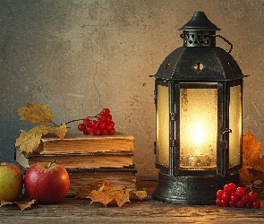 Lampion, Czerwone, Kompozycja, Jabłka, Pożółkłe, Książki, Liście, Jagody