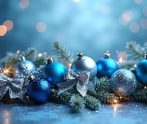 Grafika, Sosna, Niebieskie, Boże Narodzenie, Bombki, Kokardy