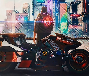Domy, Motocykl, Cyberpunk 2077, Gra, Postać, Mężczyzna