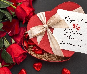 Pudełko, Kartka, Walentynki, Kokardka, Kwiaty, Serce, Róże, Serduszka