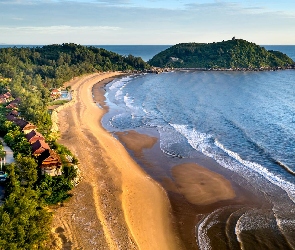 Domy, Z lotu ptaka, Morze, Drzewa, Plaża