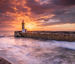 Portugalia, Porto, Morze, Zachód słońca, Latarnia morska, Farolim de Felgueiras