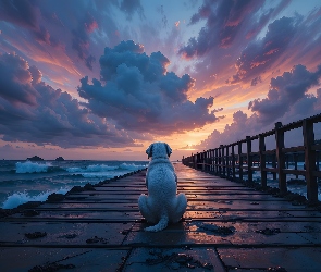 Pies, Chmury, Zachód słońca, Pomost, Morze