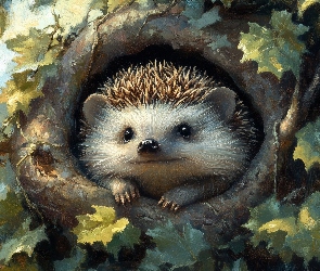 Grafika, Liście, Jeż, Gniazdo